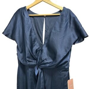 Stacees Maxi Dress Womens US14 Dark Navy Satin Twist Front V-Neck Flutter Sleeve
